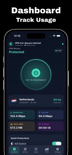 لوحة معلومات الاستخدام والسرعة في تطبيق VPN