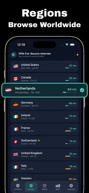 قائمة المناطق والخوادم المتاحة في تطبيق VPN